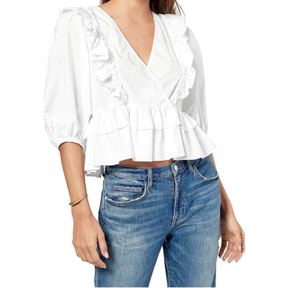 Joie XS Nellis Ruffled Wrap Blouse 3/4 sleeves 100% Cotton White NWT MSRP $178